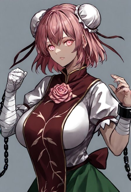 score_9, score_8_up, score_7_up, score_6_up, score_5_up, score_4_up, source_anime, solo, 1girl, 
thkasen, jewelry_pink_eyes, glossy_eyes, pink_short_hair, two_white_chignons_on_the_head, red_tabard, pink_rose, green_skirt, short_hair, huge_breasts, pink_eyes, pink_hair, cuffs, tabard, shackles, double_bun, hair_bun, flower_tabard, bandages_arm, ribbon, short_sleeves, puffy_sleeves, chinese_clothes, chain, shirt, 
masterpiece, best quality, very aesthetic, absurdres,