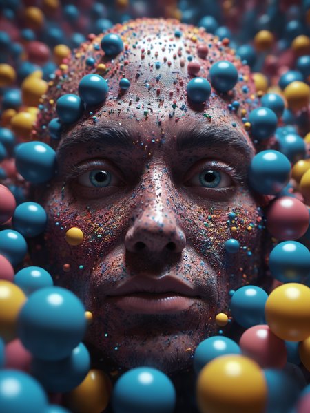 tiny colorful spheres float in the air in the shape of a human face,, Ultra-HD-details, glow effects, godrays, Hand drawn, render, 8k, octane render, cinema 4d, blender, dark, atmospheric 4k ultra detailed, cinematic, Sharp focus, big depth of field, Masterpiece, colors, 3d octane render, 4k, concept art, trending on artstation, hyperrealistic, Vivid colors, extremely detailed CG unity 8k wallpaper, trending on CGSociety, Intricate, High Detail, dramatic