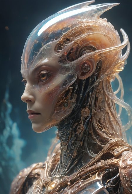 A multicolored translucent artialien, (translucent head:1.6), 
hyperdetailed realistic illustration, intricately detailed, highest quality, closeup, 
BREAK, stylized photo, ultra level of detail and precision in the art, masterpiece, mixed media, intense mood, detailed shading, 
subsurface scattering, light leaks, soft shadows, film grain, Dutch angle, narrow DoF, cinematic composition, mystic haze, dusty atmosphere, close-up, very detailed skin and scares, HDR, RAW photograph, eye catchlights, mystic haze, dusty atmosphere