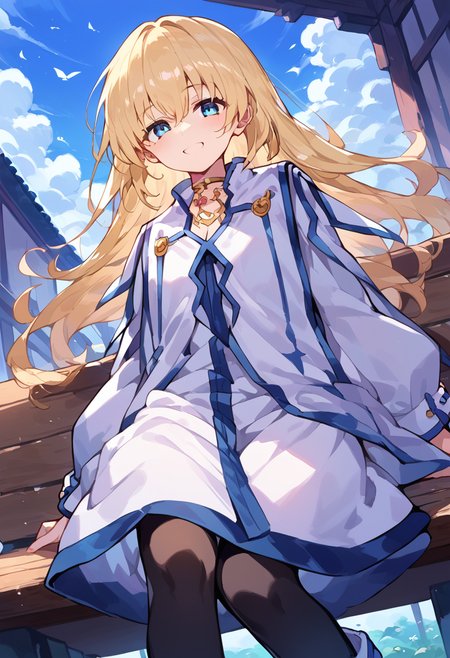 score_9,score_8_up,score_7_up,source_anime,zPDXL,wooden bench,sitting,smile,closed eyes,from below, 
*//*,1girl,blonde hair,long hair,blue eyes,black pantyhose,white dress,white boots,<lora:ColetteBrunel:1>,
looking at viewer,cowboy shot,dutch angle,dynamic pose,