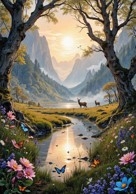 Ethereal morning sunbeams pierce through gossamer mist, illuminating a secret mountain meadow ablaze with vibrant wildflowers. Delicate dew-kissed cobwebs glisten on tall swaying grasses, while iridescent dragonflies hover above a mirror-like pond reflecting the pastel sky. Ancient gnarled trees frame the scene, their moss-covered branches reaching towards heaven. Colorful butterflies dance among nodding bluebells and fragrant lavender, as a family of deer grazes peacefully in the distance. Intricate details, photorealistic quality, soft focus edges, golden hour lighting, dreamy atmosphere, 8k resolution, masterpiece <lora:Hand v2:0.9> <lora:Liquid_Clothes_v2:0.4> <lora:Illustration_Style_IV:0.9> <lora:RM_JamesJean_v0.5:0.2> <lora:flux_dev:1>