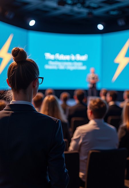 The scene is a realistic interior photo of a large corporate conference center, with a stage showing multiple screens. The focus of the scene is a woman with a serious expression standing on the stage delivering a presentation, with the text “The Future is Buzz!” on the screen. The woman delivering the presentation on the stage is in focus. The same presentation on all the screens includes a yellow lightning bolt symbol. The woman on the stage is dressed in business attire, with a bun and horn-rimmed glasses. A diverse group of people wearing business attire is sitting in the audience below the stage.