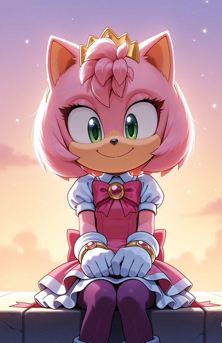 1girl, solo, full body, no humans,
<lora:Movie-Amy_v4-30:1> movieamy, petite, short legs, animal nose, pink fur, green eyes,
sitting, hands on lap, contented smile, peaceful eyes, joyful serenity,
magical girl suit, peplum top, flared skirt, pantyhose, gloves, ribbon brooch, tiara, extremely detailed, highres, masterpiece, best quality