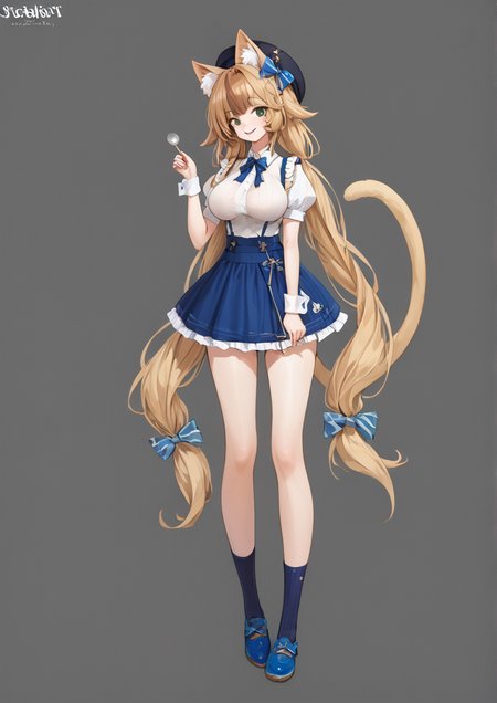 1girl, huge breast, :d, animal ear fluff, animal ears, beret, black headwear, blonde hair, blue footwear, blue hair, blue skirt, blue socks, bow, braid, breasts, brown hair, cat ears, cat girl, cat tail, frilled skirt, frills, full body, green eyes, hair bow, hat, heart, holding, holding spoon, long hair, looking at viewer, multicolored hair, puffy short sleeves, puffy sleeves, shirt, shoes, short sleeves, skirt, smile, socks, solo, spoon, streaked hair, striped, striped bow, striped socks, tail, twin braids, two-tone hair, very long hair, white shirt, wrist cuffs,  <lora:AGOTO:0.9>