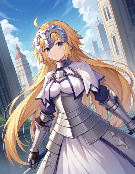score_9, score_8_up, score_7_up, source_anime,
jeannedarc, <lora:jeanne-darc-ponyxl-lora-nochekaiser:1>,
jeanne darc, blonde hair, blue eyes, long hair,
white dress, armor, armored dress, chain, collar, dress, faulds, gauntlets, headpiece, metal collar, plackart,
outdoors, cityscape,
looking at viewer, dutch angle, cowboy shot,