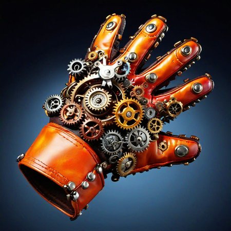 sfw,  dynamic splashes, bright colors, high contrast,  3d glove made of roast gears with colourful metal , hyperdetailed, photorealistic,<lora:challenge\gearstyle-000001.safetensors:0.8500000000000002:0.8500000000000002>