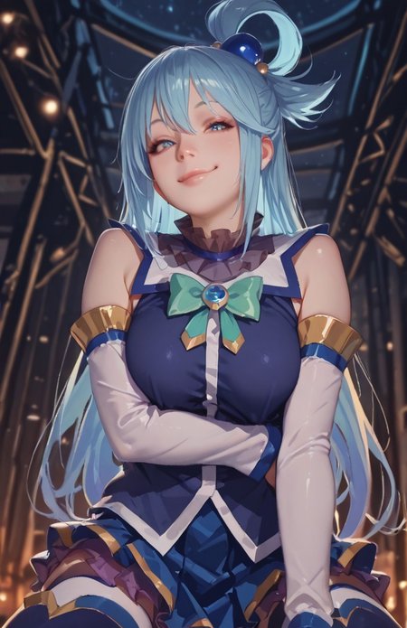 very detailed, flat color, no lineart, Vibrant Contrast, gradient colors, particle effect, (fine fabric emphasis:1.2), (((masterpiece, amazing quality, best quality, ultra-detailed, 8K, illustration, amazing quality, newest, absurdres, realistic))), highres, very aesthetic, absurd res, hi res, very awa, dynamic angle, refined, volumetric lighting, cinematic lighting, blurry background, close up vivid colors, ((source_realistic:1.6)), hyper detailed, (dynamic pose:1.4), depth of field, photorealistic colors,  

1girl, Aqua(/Konosuba)/,(ultra HD quality details), pale skin, blue eyes, blue hair, long hair, hair ornament, hair rings, single hair ring
blue footwear, blue thighhighs, boots, detached sleeves, thigh boots, thighhighs, white thighhighs, thighhighs, bare shoulders, blue skirt, blue shirt, green bow,
 Low Angle View, smug smiling, darkness, blushed skin, galaxy vortex, translucent hair, smug Smile,