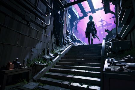 highly insanely detailed, masterpiece, top quality, best quality, highres, 4k, 8k, RAW photo, (very aesthetic, beautiful and aesthetic),  
tsutomu nihei,nihei_tsutomu,blame!,blame gakuen!,abara,TNstyle,sidonia_no_kishi,(tower,stairs,city ruins,lab,tunnel),empty,blm,futuristic,open space,flock,science fiction,vast scenery,perspective, 
<lora:ABARA:0>, 
(1girl:1.3), 
solo focus, 
shadow purple background,âââ