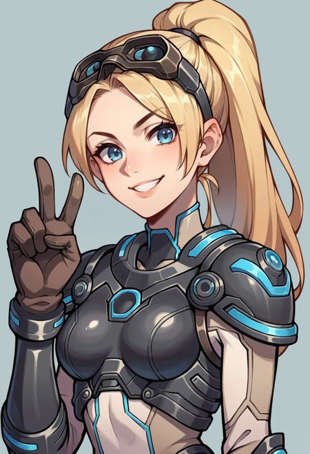 score_9, score_8_up, score_7_up, score_6_up, score_5_up, score_4_up, 1girl, <lora:WidowmakerNova:0.7> solo, medium breasts, ponytail, blonde hair, long hair, blue eyes, bodysuit, armor, goggles, goggles on head, gloves, smile, v sign, upper body, 
light blue background, simple background,