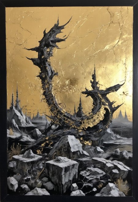 the mirror of life is a reflecting sea of emotions, monochrome and gold, modern fantasy surrealism with intricate textures and complex patterns