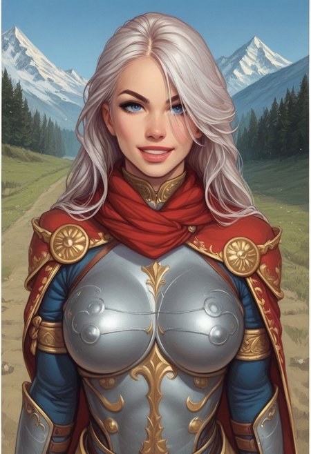 1girl, ((front view))), illustration, looking at viewer, highly detailed, from front, 1girl, illustration,  looking at viewer, highly detailed, skinny, looking at viewer, 1girl, masterpiece, best quality,
raw, movie poster, masterpiece, extremely detailed, hyperrealism, photo, perfect anatomy, magnificent young warrior princess, full body, dramatic lighting, shadow play, romantic, heroism, epic, determination, proud, eternal beauty, detailed face, very long hair, very dark brown hair, beautiful blue eyes, battlefield background, massive plate armor, masculine body, muscular, heavy arms armor, red cape, fur collar, sword, BREAK
slight smile, looking at viewer, fur coat, dynamic pose,
BREAK 
long hair, silver hair, hair over one eye, blue eye, big hair, dynamic pose
BREAK 
best quality, depth of field, bokeh, (((full clothed))),  ((ready to fight, holdind big sword in hands, big two-handed sword in hands)), highlander
BREAK 
(((((snow, stones,  mountains))))) score_9, score_8_up, score_7_up, score_6_up, source_cartoon, rating_explicit, Expressiveh, (((((upper body))))), dynamic pose