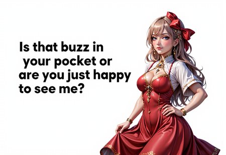 girl dressed in red and white at the right side, overlay text on the left side that says: Is that buzz in your pocket or are you just happy to see me?