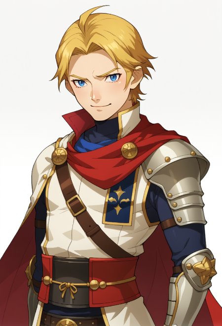score_9, score_7_up, source_anime, BREAK <lora:zs_SMTIVPortraitsXL_2:0.8> smtivportraits, portrait, white background, solo,, smile, 1boy, blue eyes, blonde hair, parted bangs, hair intakes, armor, pauldrons, cuirass, gauntlets, waist cape, greaves, black bodysuit, surcoat, shoulder sash, wing shoulder armor, red cape, pants,