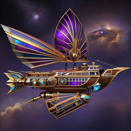 lumenarium, flying ship at space, big purple sail like solar panels, stary sky, aether nebulas, realistic, wooden hull with metal elements, blue glowing energy sail:3, gold metal, steampunk, wings like solar panels, tpship, metal plates, wooden boards, side view, ais-artdeco, contrast