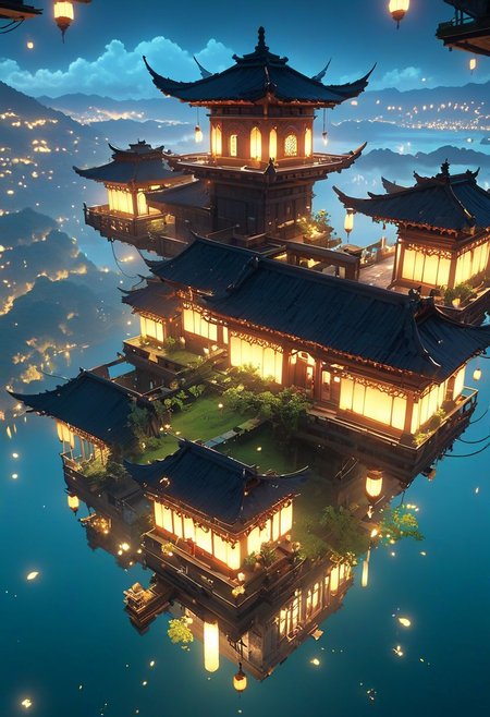 outdoors, The island floating in the air, machine, 
fairy, bulding night, , (low light), top-down view, firefly -ar 9:16