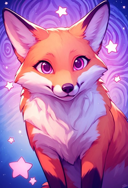 score_9, score_8_up, score_7_up,  BREAK fox, f0x, feral, cute, spiral rainbow swirl background, pink stars, purple blue gradient