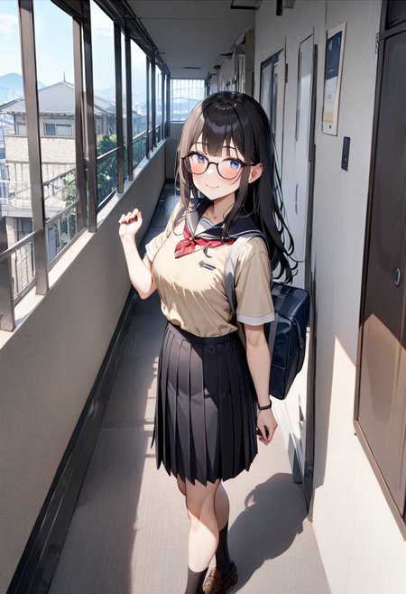 masterpiece, best quality, very aesthetic, absurdres,
1girl, glasses, black hair, long hair, school uniform, school bag, smile, blush, solo focus, standing, looking at viewer, 
rouka, hallway, scenery, window, building, day, sky, door, outdoors, blue sky, cityscape, city, real world location, 
 <lora:JProuka_apartment_hallway_SDXL_V1:1>