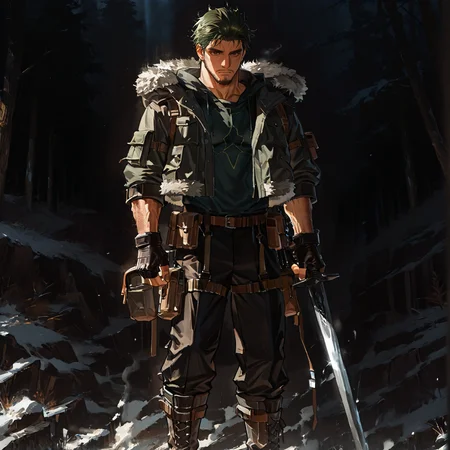 <lora:Sulva__Alchemist_Code-000003:.75> tagatamesulva, sulva_green hair, sulva_brown eyes, 1boy, short hair, solo, male focus, manly, bishounen, muscular male, hoodie, fur trim, shirt, belt, pouch, fingerless gloves, pants, boots
short hair, male focus, muscular male, muscular male, bara, mature, (hairy body, hairy, body hair, glossy skin, bara, mature, facial hair, beard, full beard, sideburn, mustache, stubble), facial hair, bara, mature, body hair, aixiwuganda_(20222192), very awa, masterpiece, best quality, absurdres, newest, perfect quality, detailed background, intricate details,, <lora:slider_Body Type_alpha1.0_rank4_noxattn_last:3><lora:Anime Summer Days 2 Style SDXL_LoRA_Pony Diffusion V6 XL:.6><lora:merged:.7>, DARK, DARK BACKGROUND, LOW-KEY LIGHTING <lora:slider_cfg_scale_boost:.7><lora:Artist6p:.55>, Artist6p, Artist04p,<lora:slider_il_contrast_slider_d1:-.25>,<lora:slider_contract_controller_illus01_v1:.3>, <lora:addon_illustriousXLv01_stabilizer_v1.121:.5>,<lora:Heavenly_Beauty_r1:1>, (heavenlybeauty,)<lora:slider_style_strength_controller_illus01_v1:.25>