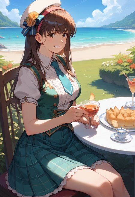 score_9, score_8_up, score_7_up, best quality, masterpiece, source_anime, anime screenshot, zPDXL2, BREAK 1girl , long hair ,hairband , brown hair, <lora:hitomidoa:1>, hat, necktie, plaid skirt, hitomi, hitomiidol,, Sitting, pretending to hold a teddy bear's tea party, smile happy,