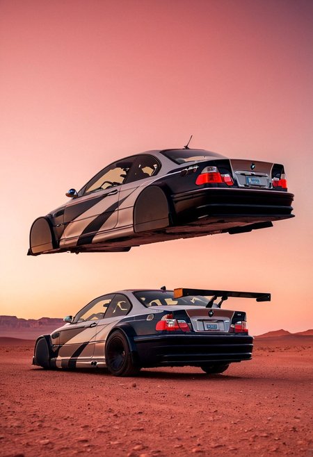 (low angle shot:1.4), an editorial photo of a black style bmw m3 gtr Hovering_Car parked outside an American diner on Mars, (scene set on the planet Mars:1.2), red sky, red sands of Mars, highly detailed, retro futurism, science fiction, clean lines, fine art photography, award winning photography, film grain,