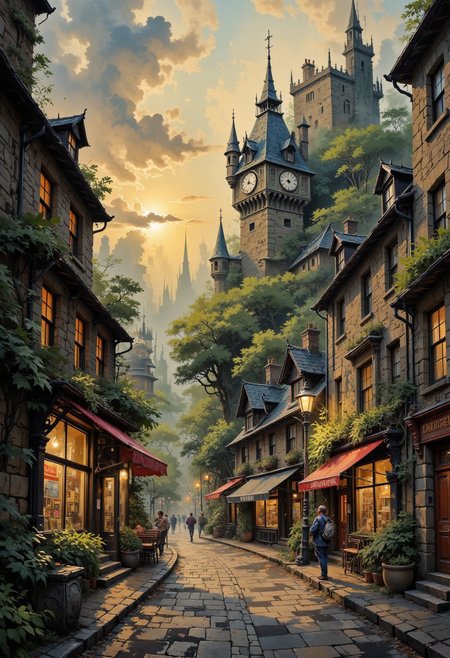 A dinkfsn style ink wash painting 
A scene of the High Street of Edinburgh at sunset, soft luminous realism, dramatic atmosphere, glowing rich textures, rich oil-paint detailing, contrast between light and shadow, misty and romantic environment, gentle emotional expression, stormy epic cloudy skies.
Rich colors, color palette of green, gray, mahogany and violet. Highlights of orange light in the windows and streetlights.