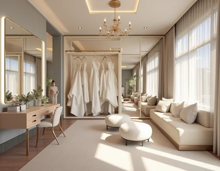 <lora:JJsBridalStore_Flux:1> ((bridal store)) , ((best quality)),((masterpiece)),((realistic)),indoors, mirror, reflection, chair, sofa, curtain, table, photorealistic, authentic, indoor scenery, highly detailed, ceiling light, cloth, glass, sky, center composition,