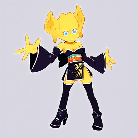 <lora:freddiefreaker:1.29>  monster, yellow body,  <lora:AyaneOutfitNew:1> ayaneoutfit, thighhighs, bare shoulders,  cleavage, sash, obi, zettai ryouiki, strapless dress, high heels, ankle boots, strapless, boots, tube dress, detached sleeves, long sleeves, side slit, butterfly print, short dress, <lora:88:1.2>