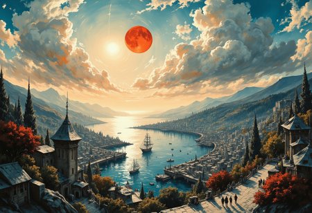 An ocean bay harbor city, small seaside gray slat siding houses and shops, small trees, figures walking from place to place. Rolling hills on the horizon. A calm sea bay with docks and masted ships. The sun is bright and low in the sky. Epic clouds frame the sky and give an epic feeling to the scene. A red moon. Dramatic lighting on the features of the landscape. G0thicL1nes