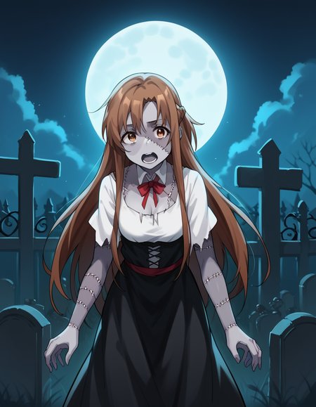 score_9, score_8_up, score_7_up, source_anime, asunayuuki, <lora:asuna-yuuki-s1-ponyxl-lora-nochekaiser:1>, asuna yuuki, long hair, brown hair, brown eyes, medium breasts,, <lora:zombie-ponyxl-lora-nochekaiser:1>, zombie, colored skin, stitches, grey skin, multicolored skin, stitched face, zombie pose, halloween, halloween costume,, night, moon, graveyard, tombstone, grave, open mouth,, looking at viewer