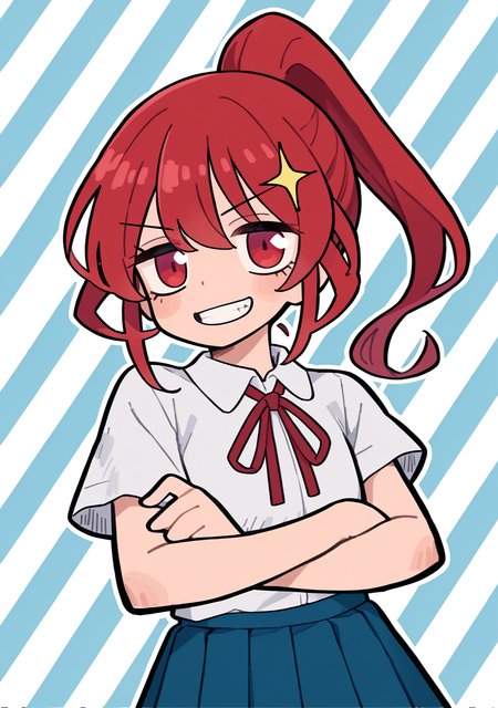 score_9, score_8_up, score_7_up, source_anime,high detail, detailed face,volumetric lighting,1girl,1girl,hiroe,red hair,ponytail,bangs,red eyes,tareme,droopy eyes,half-closed eyes,<lora:hiroe:1>,white shirt,collared shirt,short sleeves,blue skirt,pleated skirt,long skirt, school uniform,red neck ribbon,black socks,loafers,simple back ground,striped background,sparkle,looking at viewer, grin, crossed arms,upper body,,gasigasi_DQ3kenja, gasigasi_DQ3senshi, chibi, <lora:gasigasi_dq3:1>