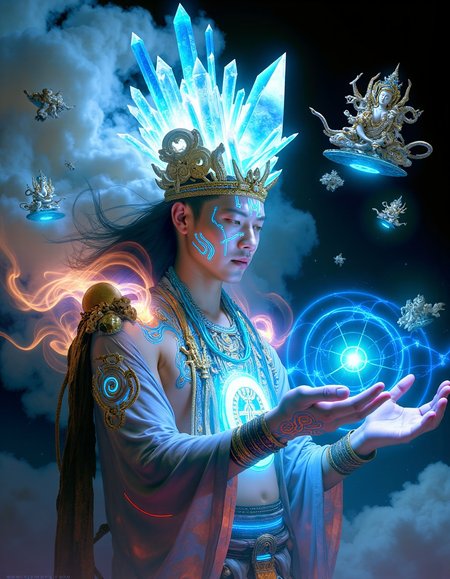 hgjstyle, 
A techno-shaman wearing a crystalline headdress that refracts reality, quantum probability clouds swirling as ceremonial robes, hands manipulating holographic ancient symbols, cybernetic tribal markings pulsing with data streams, floating technological totems orbiting their body, in the style of Android Jones meets traditional Tibetan thangka art, medium shot with dramatic side lighting, kdny_body_flux