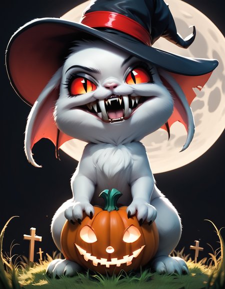 score_9, score_8_up, score_7_up, the cutest little (vampire:1.6) bunny rabbits, big fangs, grass, full moon, grave black hat, pumpkin, cross, black background, plain background