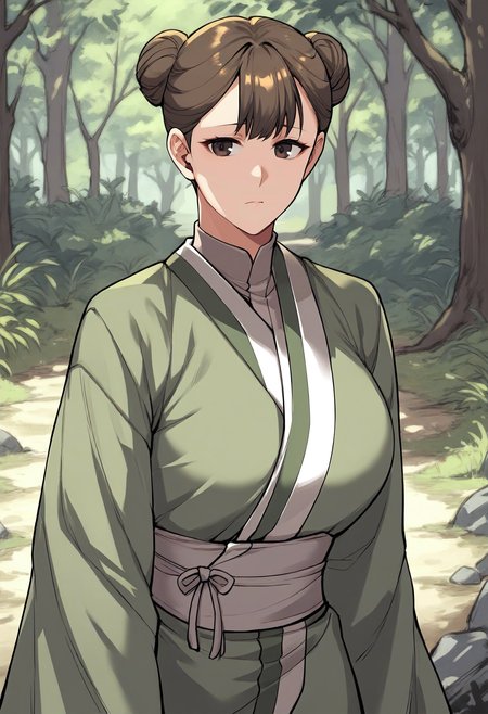score_9, score_8_up, score_7_up, score_6_up, source_anime, rating_explicit, 1girl, (solo:1.1), huge breasts, <lora:Hang-a prefectPonyxl:0.85> double bun, brown hair, black eyes, brown eyes, short hair, green kimono, turtleneck shirt, japanese clothes, sash, long sleeves, wide sleeves, expressionless, forest, outdoors, looking at viewer