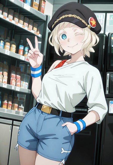 best quality, amazing quality, perfect quality, high quality, masterpiece, absolutely eye-catching BREAK
<lora:Shangri-La_Frontier_-_Sylvia_Goldberg:1> blue eyes, blonde hair, short hair, short bangs BREAK
black hat, hat pin, white shirt, blank shirt, single off shoulder, bare shoulder, red shoulder strap, blue striped wristbands, black belt, denim shorts BREAK
indoors, store, v, hand in pocket, one eye closed, smile, looking at viewer, head tilt, dutch angle, cowboy shot