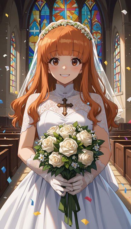 score_9, score_8_up, score_7_up, source_anime,
 <lora:Takebe Saori:1> takebe saori, blunt bangs, long hair, orange hair,  
indoors, church, stained glass, whie veil, laced gloves, upper body, close portrait church, holding bouquet, (confetti:1.1), smile, white dress, wedding dress, church, holding bouquet, (confetti:1.1)