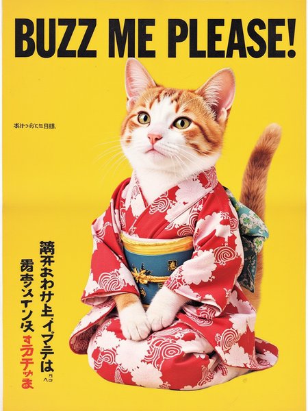 retro poster of a realistic cute cat in kimono kneeling,looking at viewer,japanese text, advertise,"BUZZ ME PLEASE!" <lora:flux-lora-80sJPadvertise:1.0>