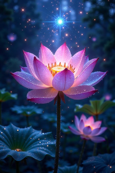 A vibrant illustration of a lotus flower, symbolizing purity, enlightenment, self-regeneration, and rebirth. The lotus is illuminated by shining starlight, with dew drops glistening on its petals. Set against an outdoor background with vibrant, natural colors. The scene is captured in extreme detail, UHD, 8K resolution, with natural lighting enhancing the fine art quality. The composition highlights the delicate beauty and spiritual significance of the lotus.