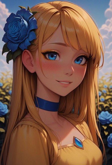 masterpiece, best quality, amazing quality, p0nyd1sney1ncasev1x0n2:1.5, 1girl, 25 years old, perfect face, 
side view, detailed face, portrait, face focus, depth of field, looking at viewer, blush, shy smile, close up,
blue eyes, yellow eyeliner, 
yellow hair, long hair, straight hair, blue flower, hair flower, 
blue choker,
yellow dress, layered dress, skirt under dress, 
garden, sky,