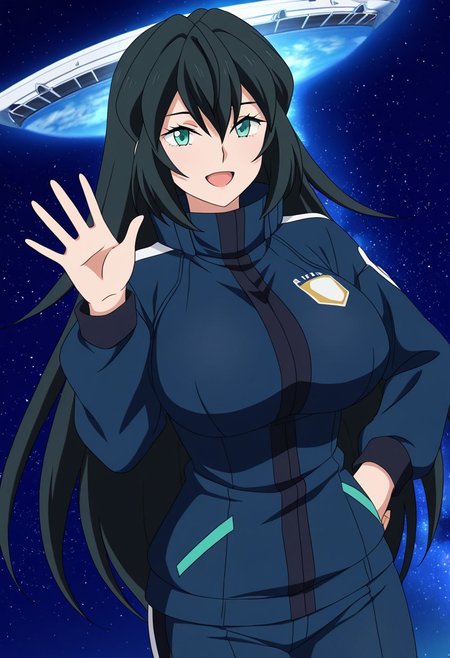 general,highres, ultra-detailed,very aesthetic,best quality ,best hands,best eyes,easynegative,
dynamic anglre, dutch angle, anime cloring,anime screencap,
1girl solo,looking at viewer,smile, open mouth, waving hand, hand on hip,space ship, 
May,black_hair, long_hair, light green eyes, huge_breasts,pilotsuits,