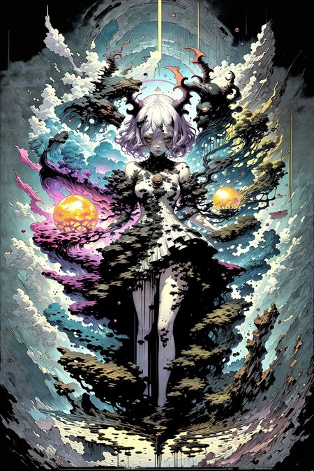 masterpiece, best quality, dreamwave, aesthetic, (split, heaven and hell:1.4), cavern, clouds, (multicolored background, multicolored lights, magic, black hole), 1girl, solo, standing, full body, armored dress, white dress, purple hair, smug, short hair <lora:DreamwaveV3:1>