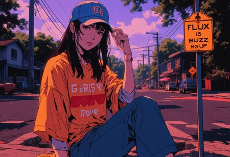 Japanese-Vietnamese Girl in oversized superbowl t-shirt, baseball cap and high sneakers. Looking at the viewer, partially parted lips, challenging pose, queen of the hill.
Dusk, long shadows, suburban american background in the '90. 
A road sign on the street is clearly visible, readable as she show it to the viewer. The sign says (Flux is life buzz me up). 
=============================
anime, cyberpunk, style of Edwin Austin Abbey, ne0nfant4sy, Anime style