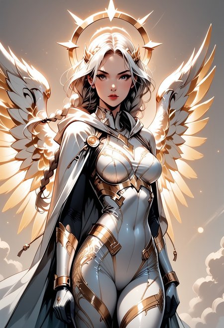 score_9, score_8_up, score_7_up, (Western Comics), a full body image of a sexy mechangel girl, caucasian, seductive, (glowing wings), solo, glowing armor, glowing halo, glowing mechanical 4 wings (hyperdetailed:1.15), detailed, light passing through hair, (ultra detailed, high quality texture), (sharp), (artistic image), 32K, 4K, ULTRA HD, small waist, large breasts, tight white bodysuit with, crop: -5, (3/4 portrait), wide view, ((her whole head and hair is visible)), zoomed out, wings completely visible, (from thighs and up), wings folded along her body, cowboy shot, angelify, (monochrome background), (nothing in background), plain background, long hair Twin Braids, Hooded cloak