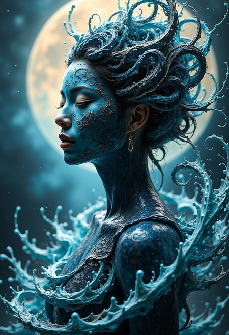 masterpiece, stunning oriental water spirit woman, made of ripples of water, abstract, fractal art.  highest definition, HD32K, wallpaper, hyperdetailed, concept art