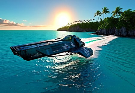 a dark blue/light blue (WipEout anti-gravity craft), (split-front:1.3),  flare, jet trail that has landed in the waters of a lagoon, floating in the sea, tropical island, blue sky, sunset, sharp, high detailed, realistic, sleek, scifi