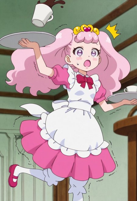 anime screencap, solo,1girl,pafu, apron, looking at cup, dress, maid, small breasts ,open mouth, mansion, holding tray, coffee cup falling, trembling tray, table, trembling hand, spilling coffee, shocked, ^^^, :o, distressed, falling down, clumsy,
high definition,amazing quality,best quality,very aesthetic,masterpiece,absurdres,
