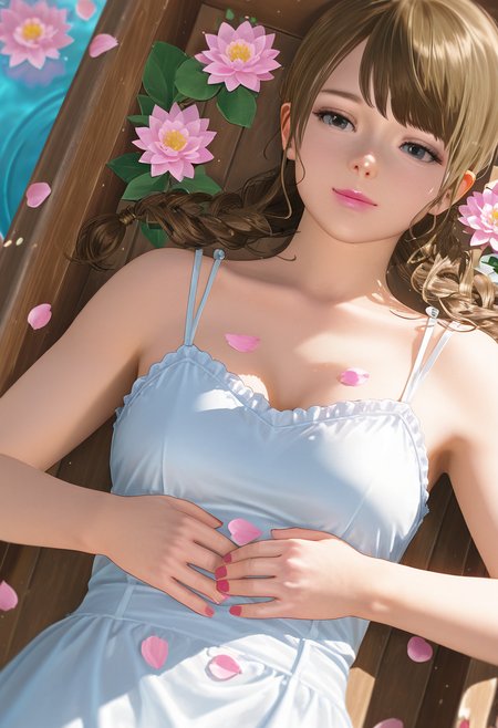 masterpiece,best quality,amazing quality,absurdres,aesthetic,newest, ultra-detailed, high resolution, cinematic lighting, realistic shading, dark ambiance, dramatic contrast, monica \(doaxvv\), blonde hair, grey eyes, pink lips,  swept bangs, twin braids, curly hair, curly sidelocks,  lying on boat,lying on back,sleeping peacefully, soft facial features,summer dress,pastel colors, relaxed posture, hands resting on stomach, gentle smile,flowers surrounded, small rustic wooden boat, filled with colorful fresh flowers and petals, floating on mirror-like lake, crystal clear water, faint ripples, surrounded by water lilies,  from above,dutch_angle,upper_body,  centered composition, reflective water surface, shallow depth of field, warm natural lighting, soft shadows, gentle haze <lora:None:1.0> <lora:doa_monica_rouwei07_vpred_v10:1.0000000000000002>