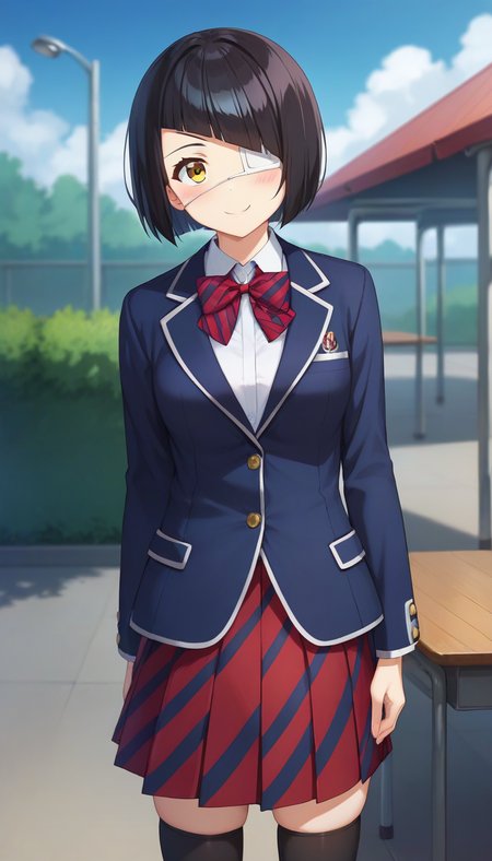 score_9,score_8_up,score_7_up,score_6_up BREAK official art,solo,outdoors,cowboy shot,looking at viewer,facing viewer,smile,blush,Nakanaka Omoharu,black hair,short hair,bob cut,blunt bangs,yellow eyes,eyepatch,school uniform,blue jacket,blazer,collared shirt,white shirt,red bowtie,striped bowtie,diagonal-striped bow,medium breasts,skindentation,long sleeves,red skirt,pleated skirt,striped skirt,black socks,loafers,<lora:Nakanaka Omoharu(kcc)-Pony:1.2>,
