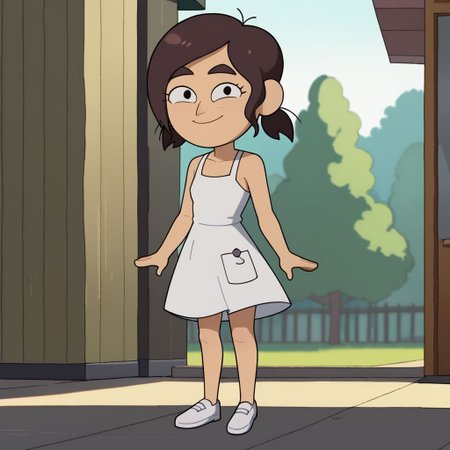 <lora:ReaganInsideJobPony1.0:1>reaganij, 1girl, solo, brown hair, indoors, thick eyebrows,  short hair, bangs, short pigtails, score_9, score_8_up, score_7_up, 
Sundress, smile, round face, young, ((flat chest)), chibi, full body, standing, looking at viewer, outdoors, white shoes