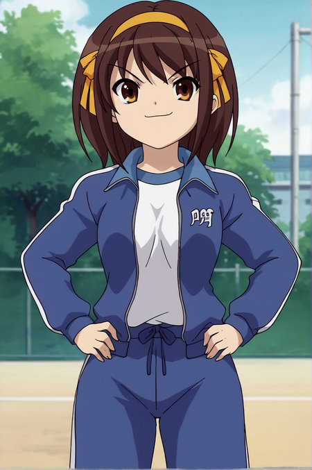 score_9, score_8_up, score_7_up,anime_source, source_anime, best background, detailed background, anime screencap,  haruhi suzumiya, Sports Uniform, dynamic angle, hands on hips, smug, looking away, outdoors, <lora:JN_Haruhi_Suzumiya:0.8>