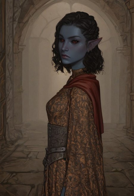 safe_pos, solo, short pointy ears, piercings, nord woman, random elf face, aquiline features, dark elf, weathered skin, large nose, animated realism, zoomed out, Syrian features, torso, brass pipes and gears, intricate architecture, dwarven masonry, dwemer fixtures, white-green light, gloomy lighting, ancient ruins, interior, stone tiled floor, grey-blue skin, mahogany and ivory clothes, medium armor, bone plate armor, ivory straps and fittings, grey wood neckguard, dark red sclera, black pupils, distant mushroom forest, blue-green light, neon, highly detailed, defined features, looking at viewer, three quarters view, from side, dynamic lighting, 36 years old, light and shadows, patterned cloth, annoyed expression, expressive eyes, detailed medieval clothes, medium_breasts, medium hair, wavy hair, thick hair, beaded hair, braided hair, under cut hair, semirealistic, alien elf, spanish features, jewish features, black hair, dark red hair, umber skin, sharp features, red persian print cloak, nighttime, high detail, absurdres, pretty eyes, detailed eyes, red eyes,